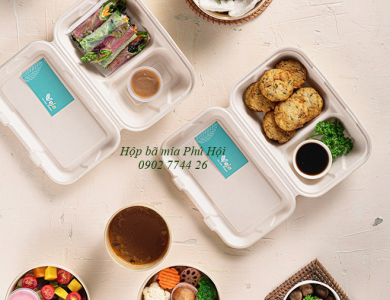 Hộp bã mía 2 ngăn nắp liền 800ml 